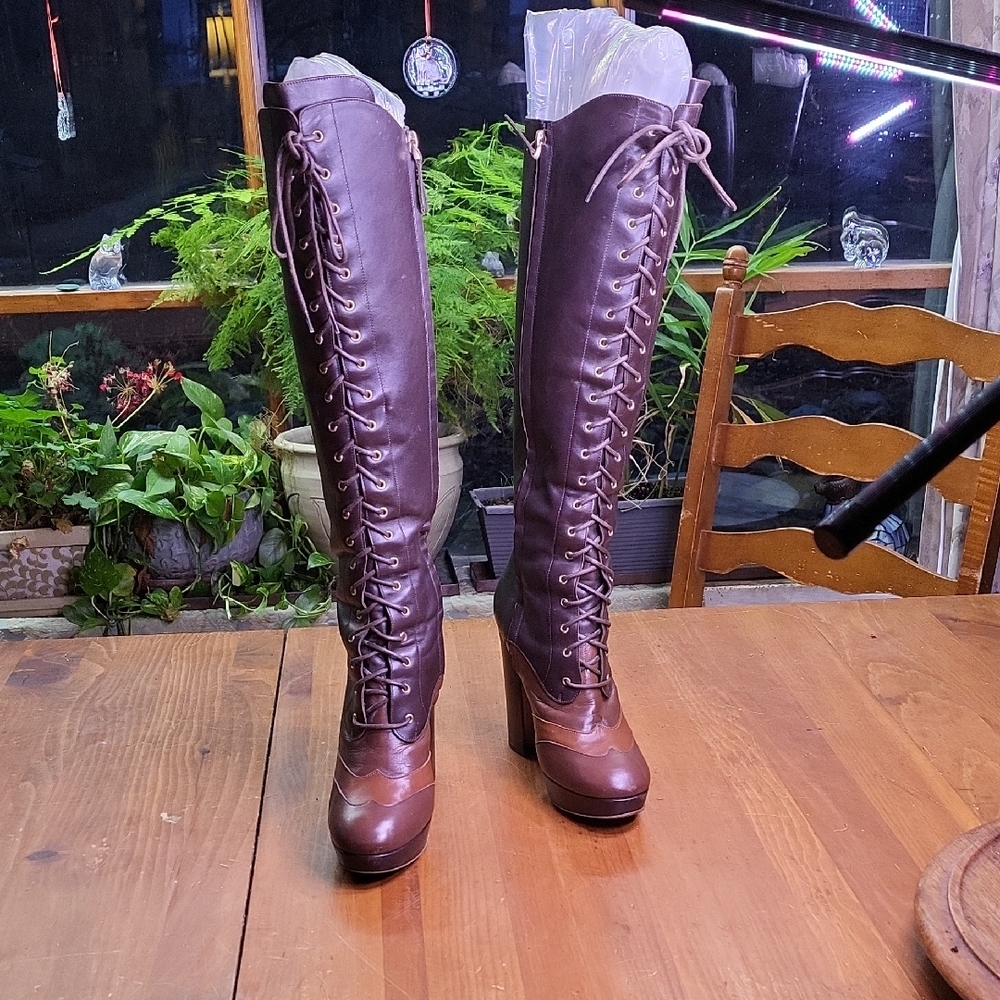 Bally Leather Platform Lace-Up Over the Knee Boots 7.5